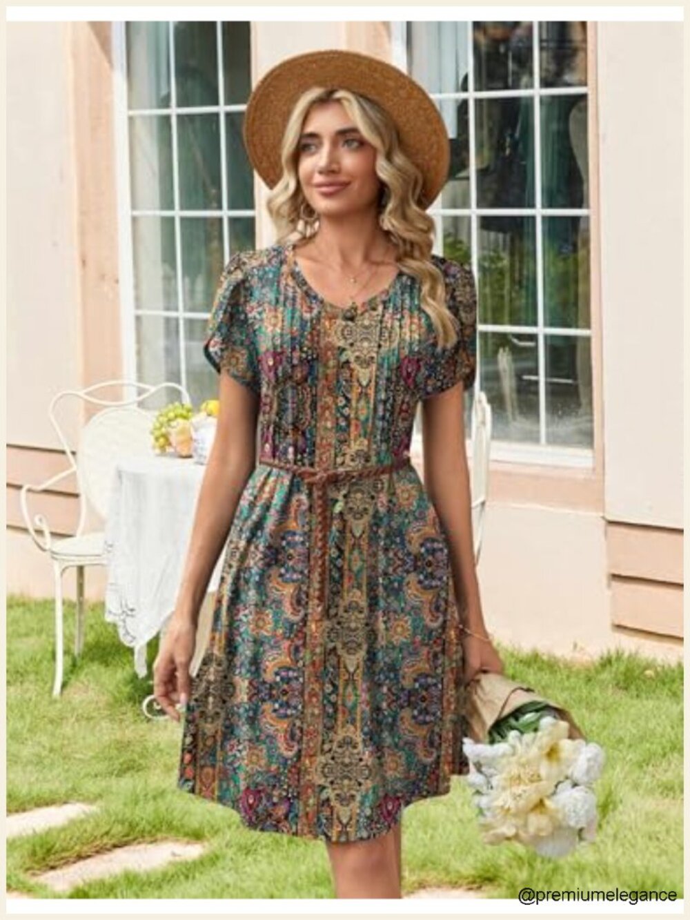 Womens V-Neck A-Line Pleated Dress Short Sleeve Knee Length Boho Casual Sundress - Picture 3 of 6